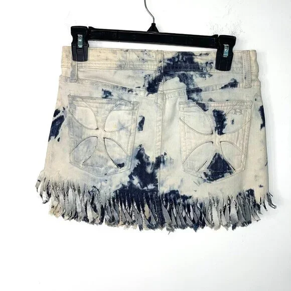 Habitual Tie Dye Mini Skirt Womens Size 25 Denim Fringe Cotton Blue Made In USA - Picture 9 of 11